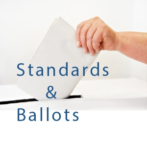person placing ballot in ballot box with standards & ballots text