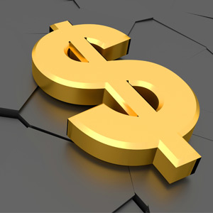 large gold dollar sign on black geometric background