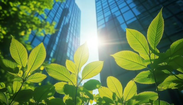 two high rise buildings with the sun shining in between and leaves in the foreground